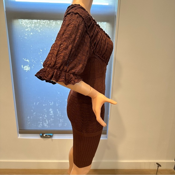 Catherine Malandrino Sz P Brown KNIT FITTED Dress W PUFF SLV CROCHET GREAT COND - Picture 5 of 9